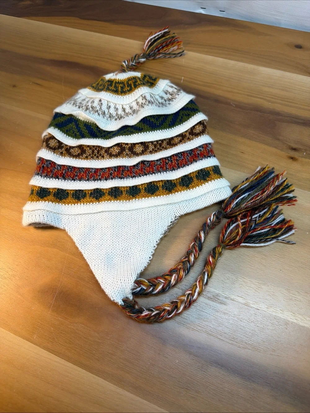 Soft Baby Alpaca Reversible Chullo Beanie Hat Beige Unisex Colorful Boho Peru
